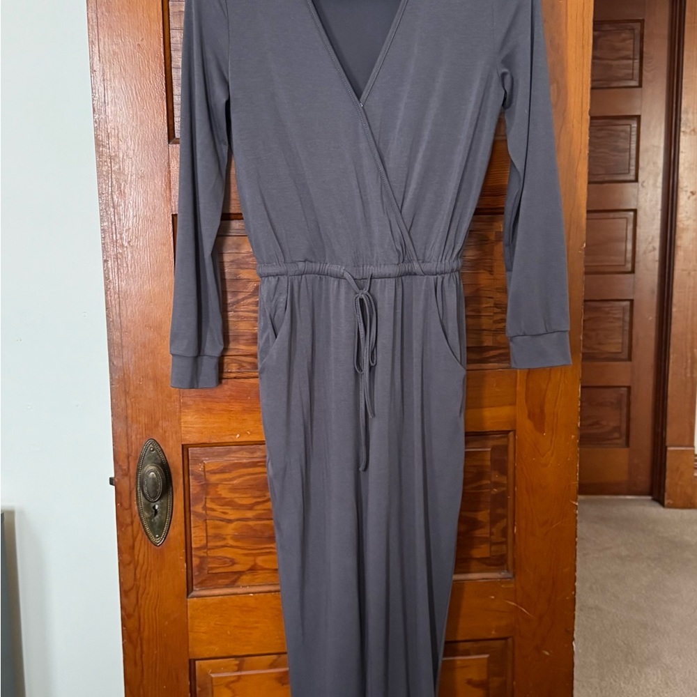 Gray Wrap Tie Front Jumpsuit with Cuffed Long Sleeves